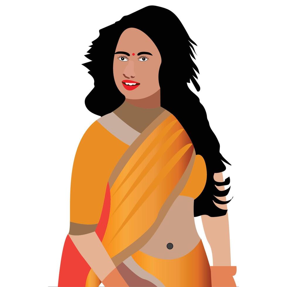 Indian woman in yellow saree flat design vector