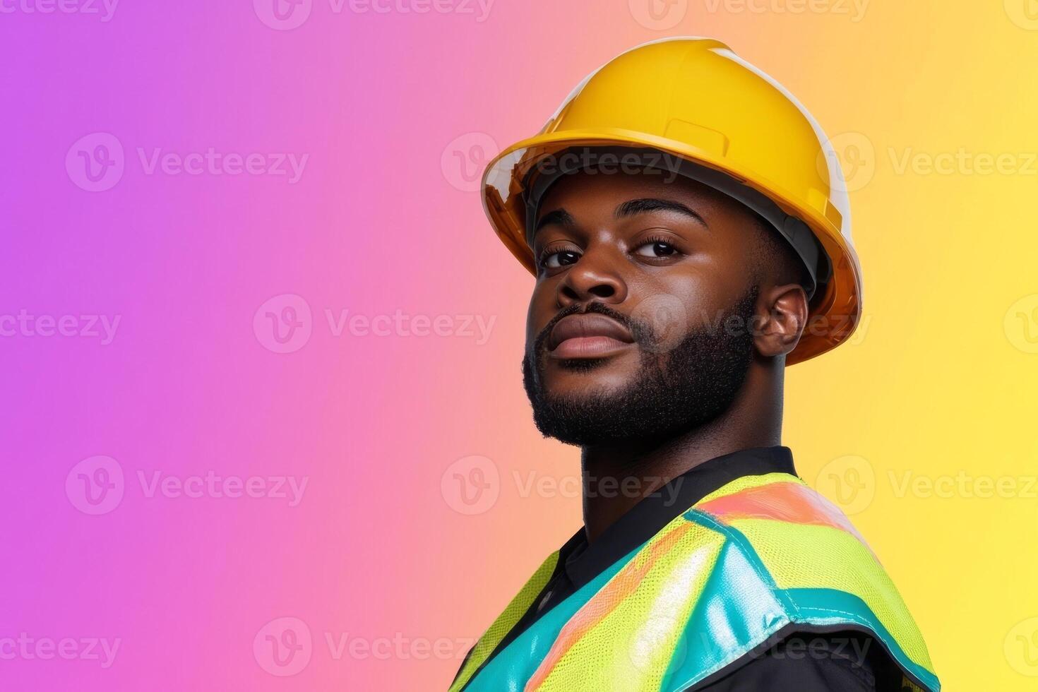 A confident African American construction worker in a safety vest and helmet on a vibrant gradient background, promoting workplace diversity photo
