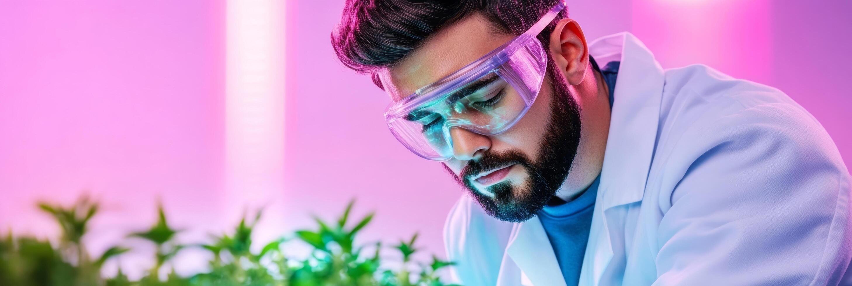 A Hispanic male scientist in a lab coat examines plants under vibrant LED lights, symbolizing biotechnology and sustainable agriculture innovation, with a futuristic purple and green color palette photo