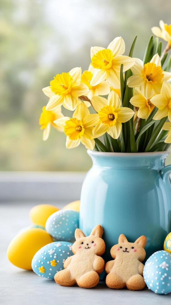 A cozy Easter background with a close up of a table decorated with bunny shaped cookies colorful eggs and a vase of daffodils in soft sunlight photo