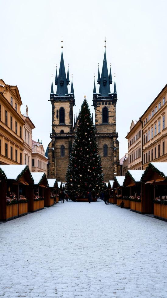 A picturesque Christmas scene in Pragues Old Town Square with a towering Christmas tree Gothic spires and wooden stalls selling mulled wine and festive treats photo