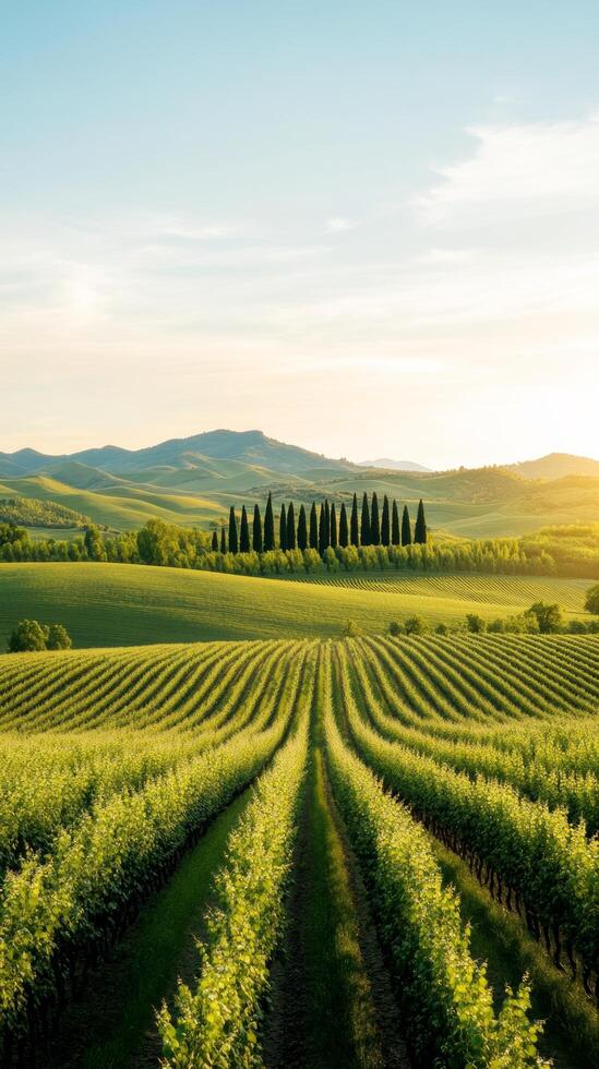 A picturesque Italian countryside in spring with rolling green hills cypress trees and a vineyard dotted with wildflowers under the golden sunlight photo