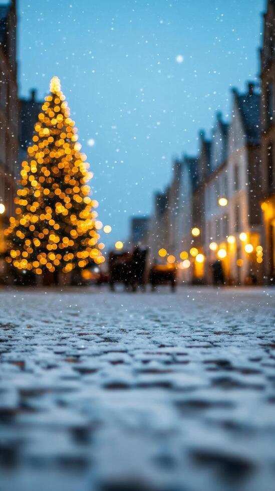 A snowy Christmas night in Bruges Belgium with horse drawn carriages glowing Christmas trees and the historic square bathed in warm golden light photo