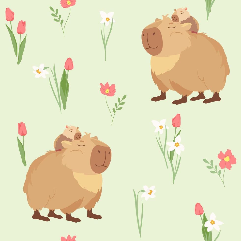 Spring pattern with cute capybara and baby. Funny capibara, adorable exotic animal. Cartoon South America mammal. Trendy charming design for wrapping paper, card, fabric, print, textiles vector