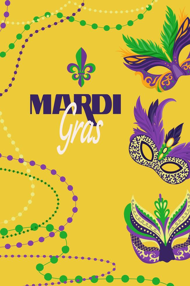 Carnival holiday flyer with mask design. template with masquerade party face accessories captures the spirit of celebration. Vertical layout ideal for prints, cards, banners, greeting posts vector