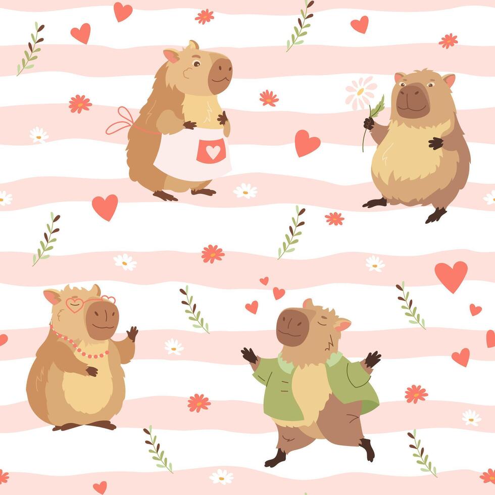 Funny capybaras in love with flowers and hearts with stripes background. Valentines love day. Cute background for kids apparel, greeting card design, fabric, print, wrapping paper, textiles vector