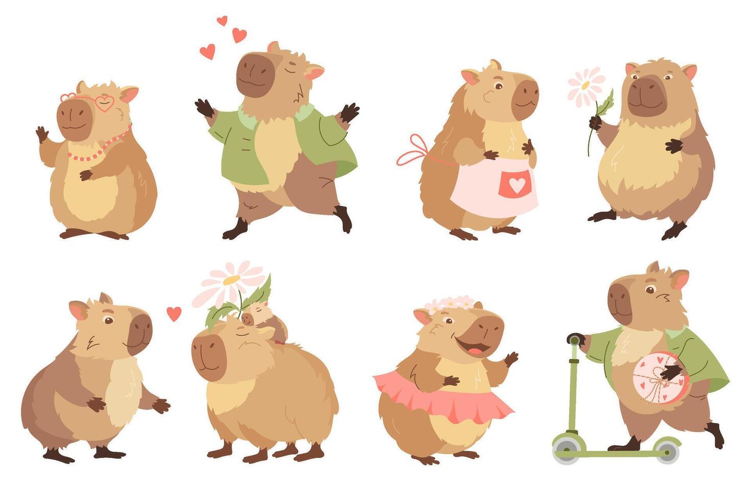 Collection of funny capybaras Sticker of happy exotic animals, cute biggest rodents, different poses and emotions Valentines love day. Flat design elements for card, packaging, fabrics, pattern vector