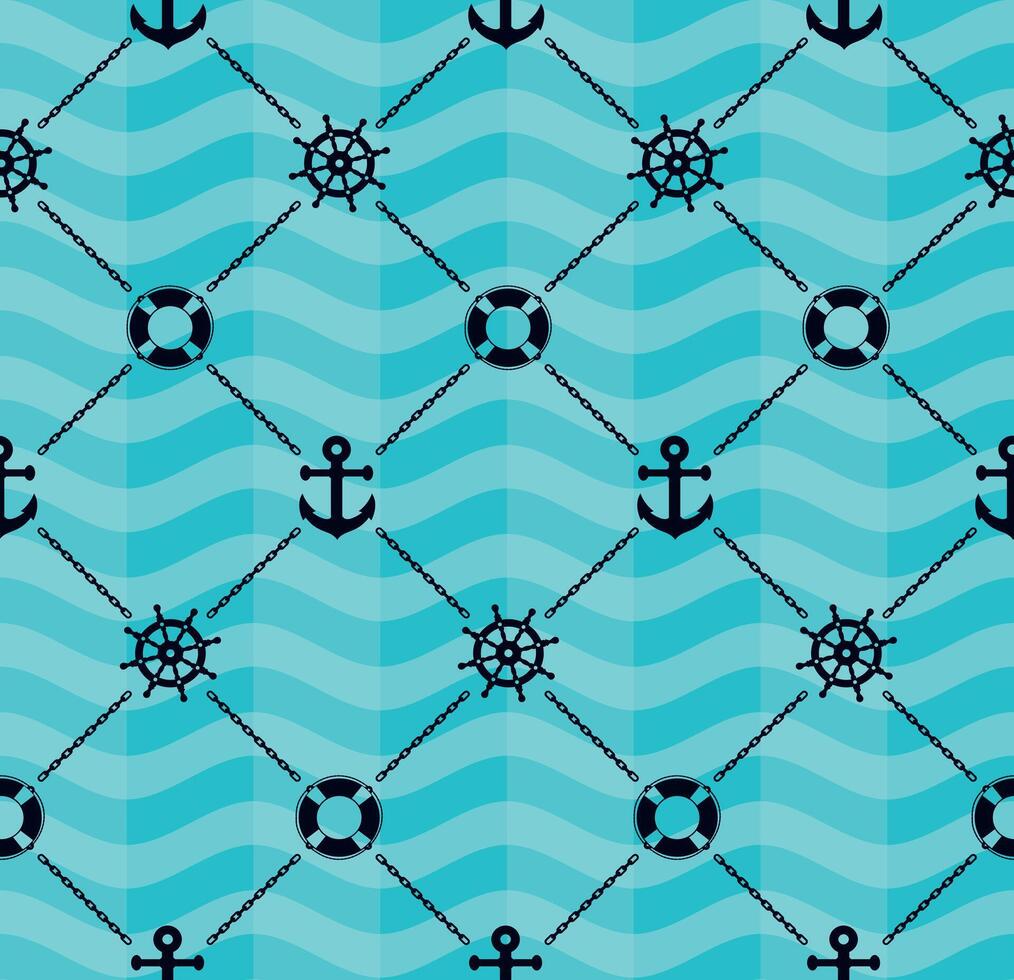 Seamless background with abstract blue wave and ship symbols. vector