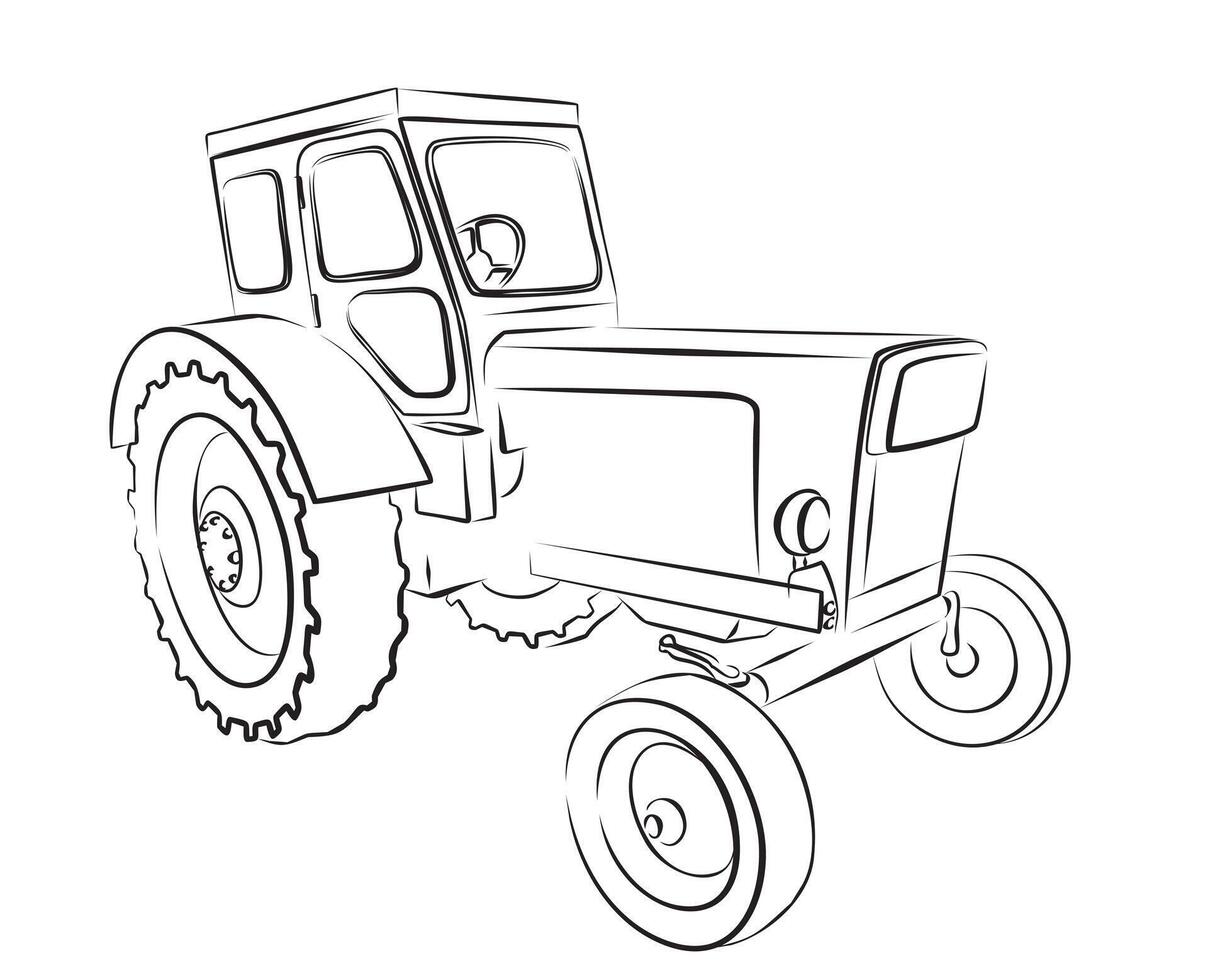 The Sketch of a old big heavy tractor. vector
