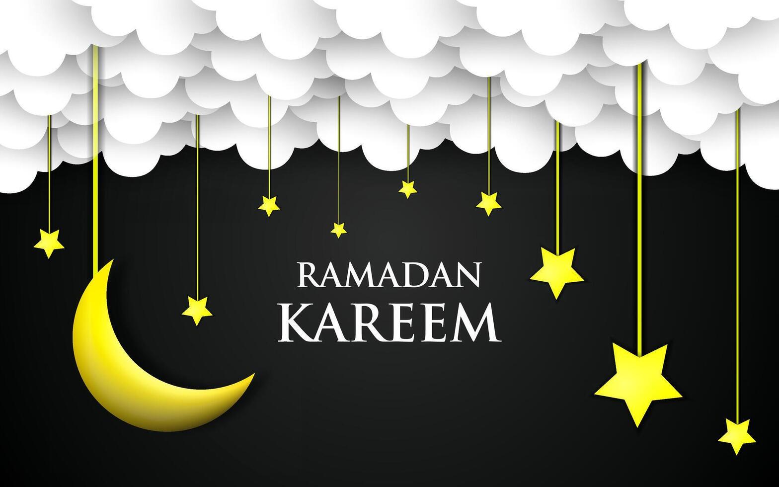 Ramadan kareem concept with combination of shining hanging gold stars, golden crescent moon. vector