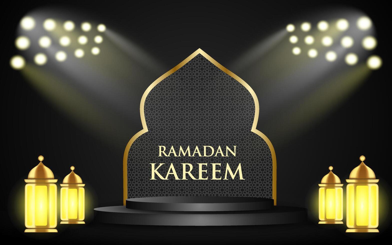 Modern Islamic holiday banner. Show off the podium with Ramadan lanterns. vector