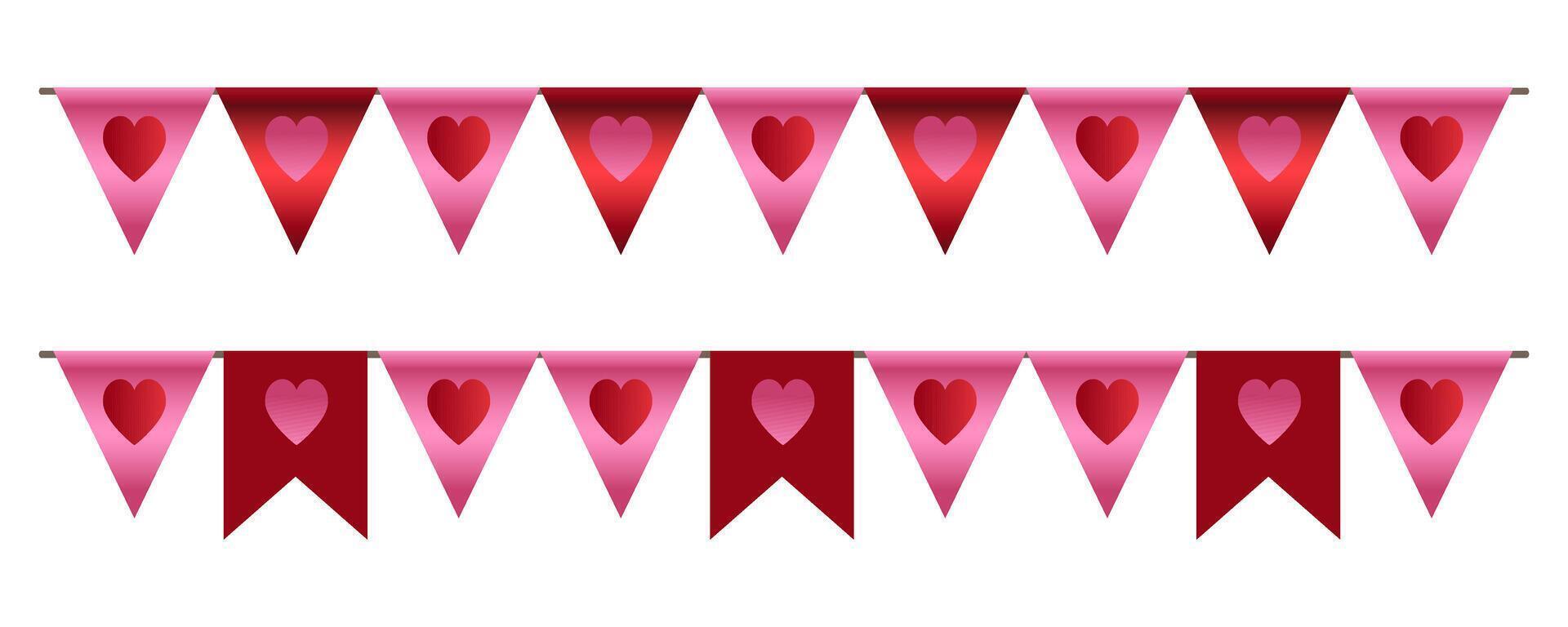 Cute design garland of flags. Valentines Day Festive Red pennants with hearts isolated on white background. Wedding, birthday, valentines day concepts. Perfect background For Poster. Flat style vector