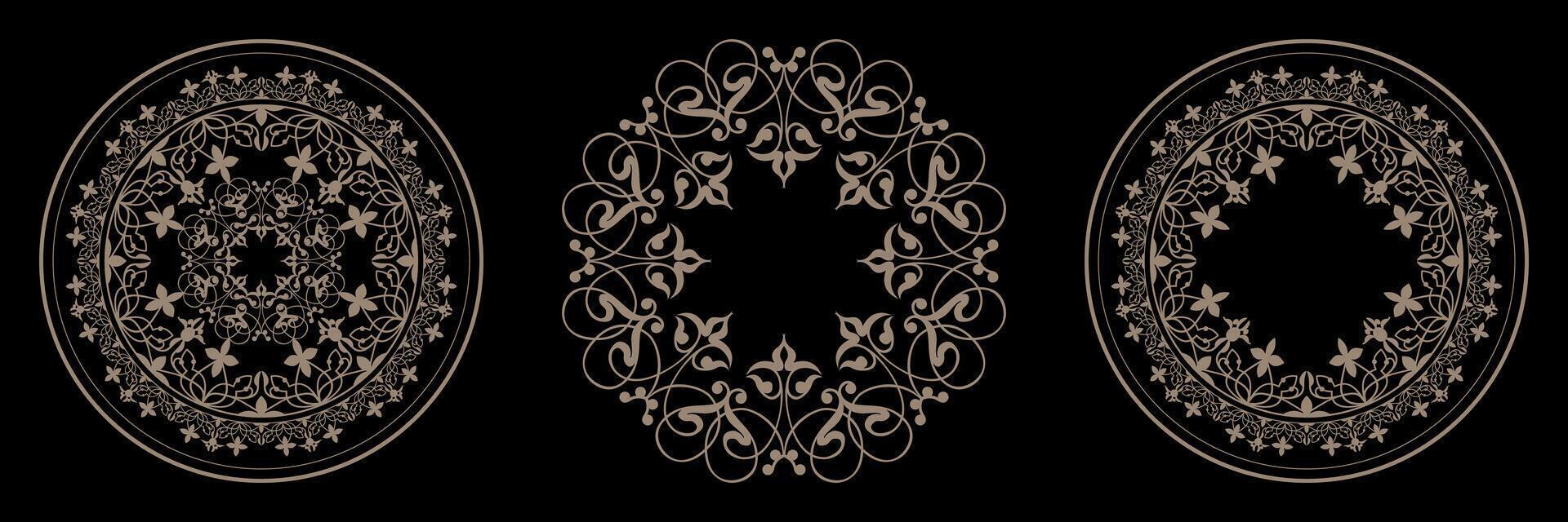 Collection of decorative luxury gold round frames for design. Circle gold modern frame. Elegant element for design in Eastern style. Template for textile, engraving, invitation, embroidery, porcelain vector