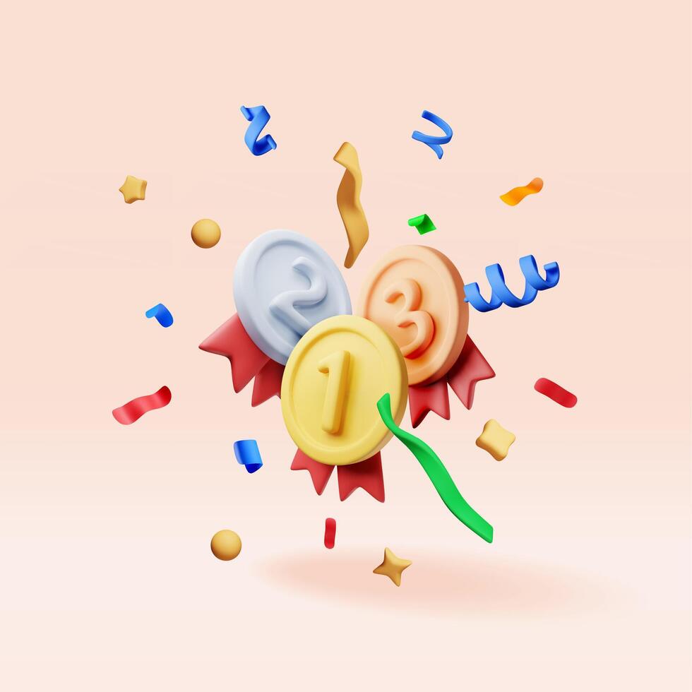 3d medals with red ribbons in confetti. Render gold, silver, bronze champion medal. Winners medallion. First, second, third place vector