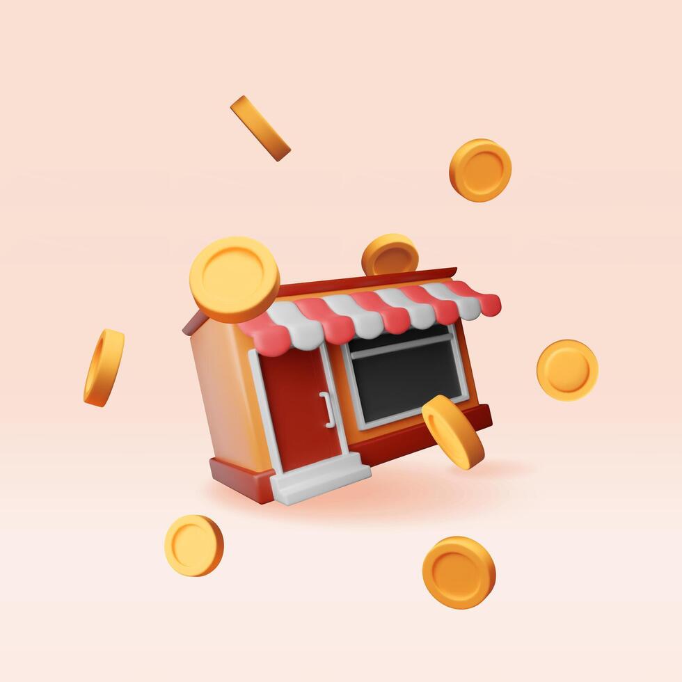 3D franchise business for sale. Render franchising shop building or commercial property. Real estate business promotional, sme startup crowdfunding vector