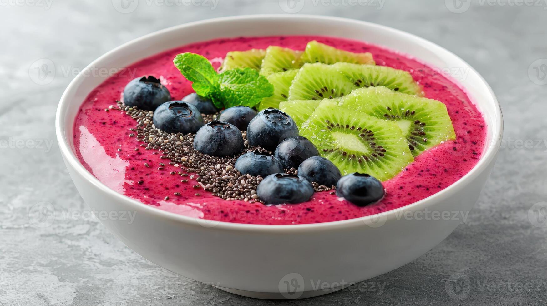 Healthy Food Revolution, Smoothie bowl with vibrant toppings of sliced kiwi, blueberries, and chia seeds photo