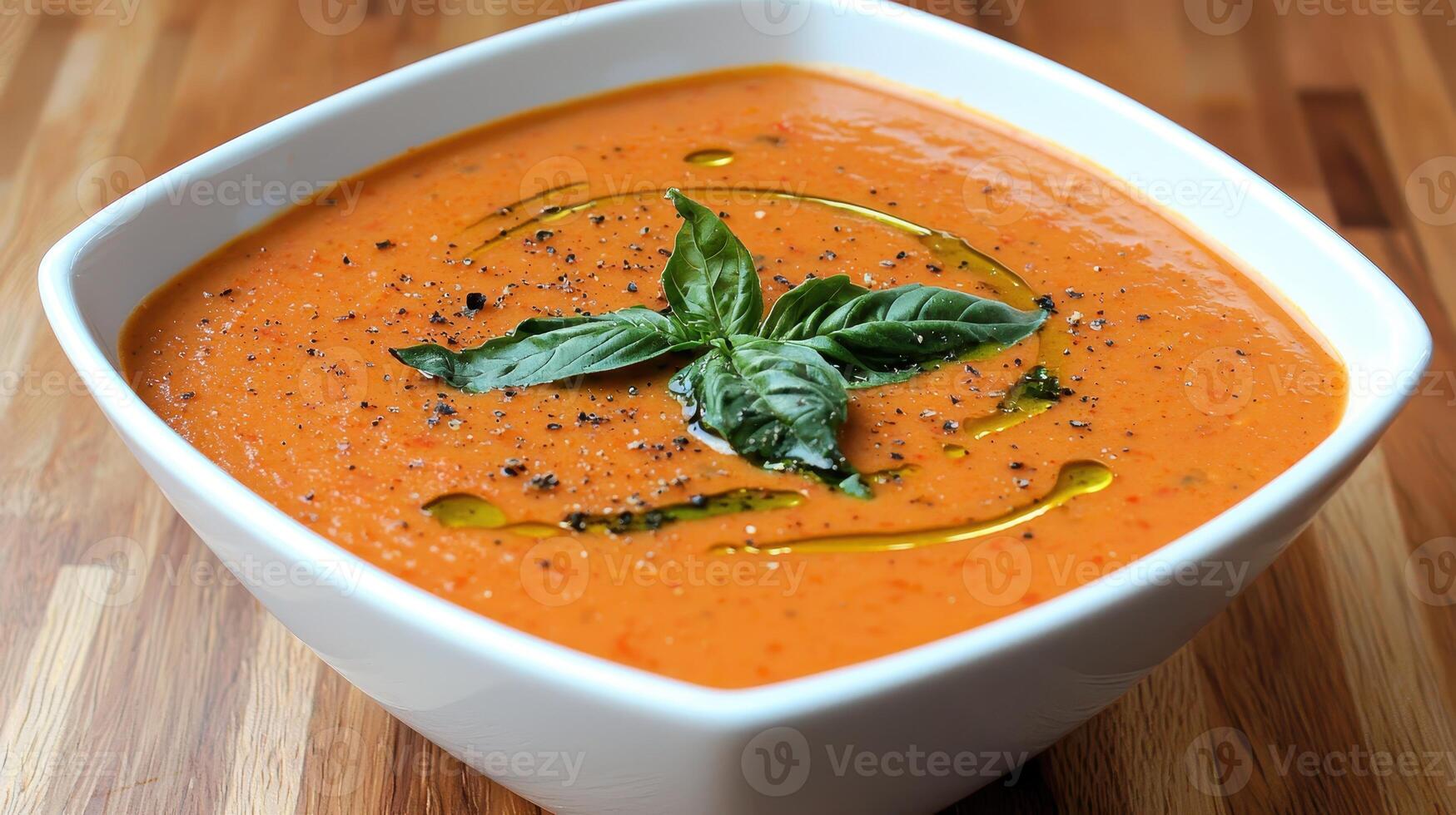 Healthy Food Revolution, Creamy tomato bisque topped with basil leaves and a drizzle of olive oil photo