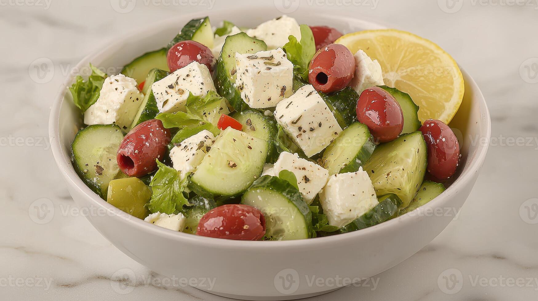 Greek salad bowl with feta, olives, and cucumber slices, served with zesty lemon wedges. photo
