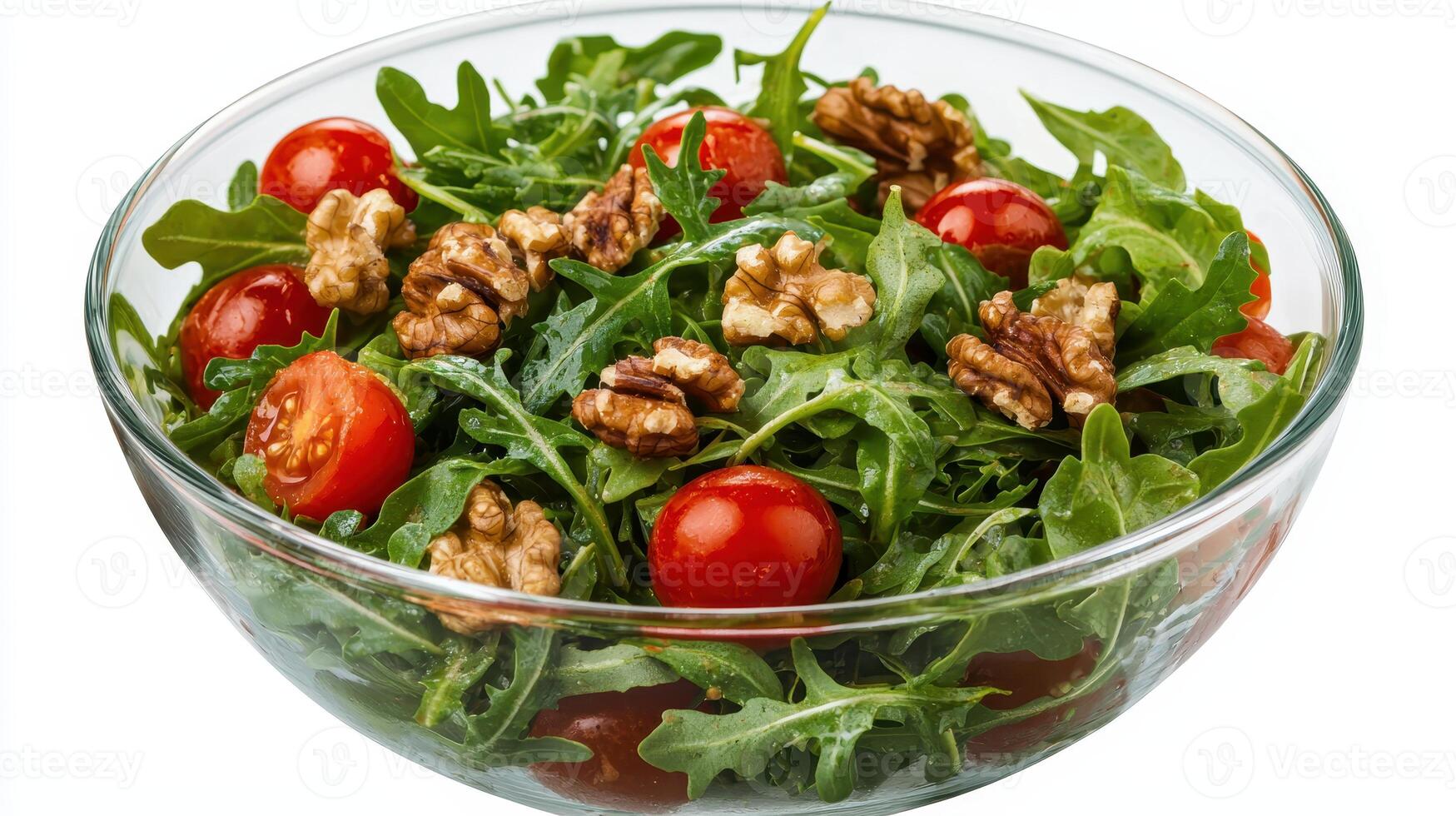 Vibrant green salad with arugula, cherry tomatoes, and crunchy walnuts for a healthy boost. photo