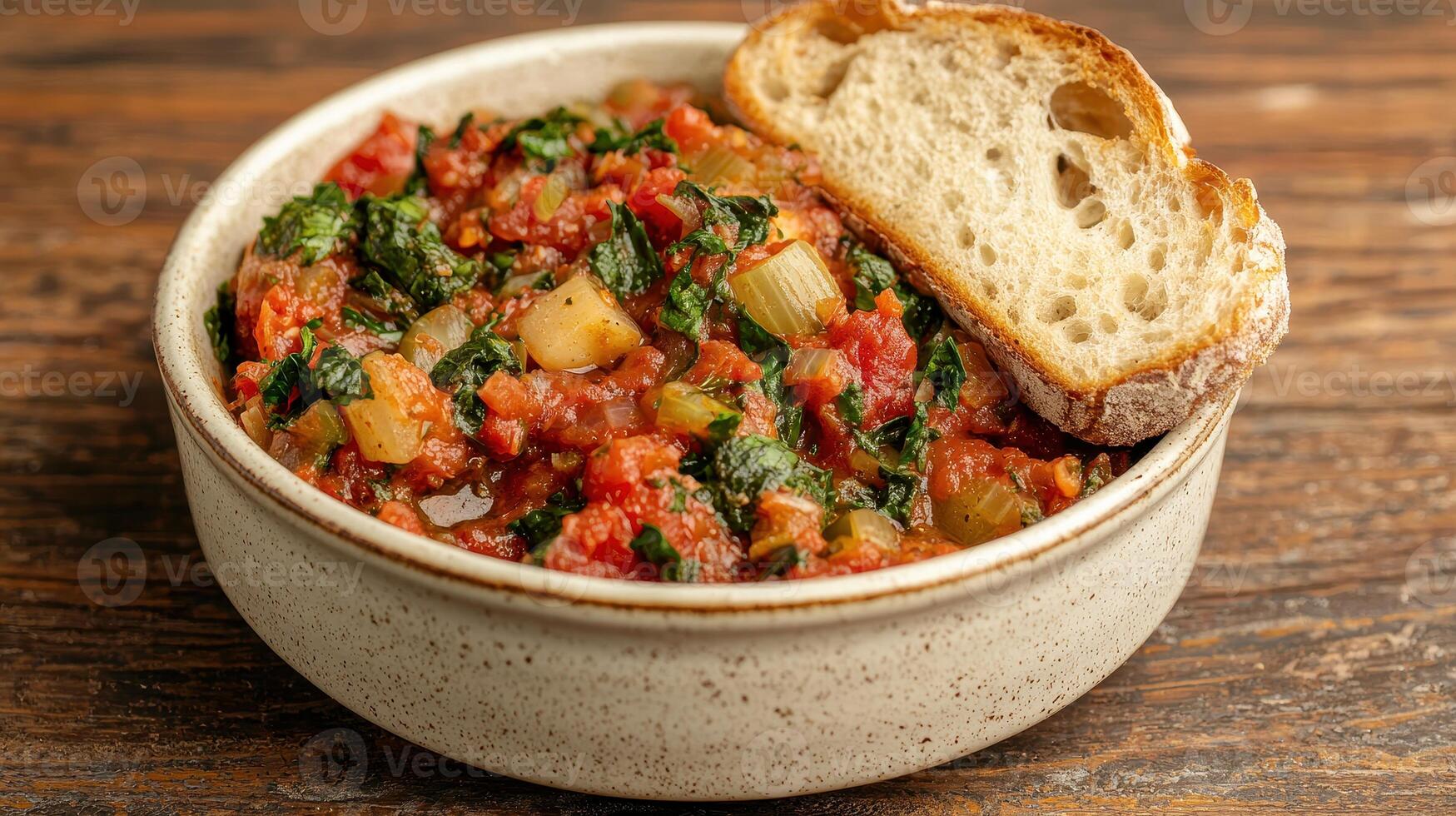 Healthy Food Revolution, Bowl of hearty vegetable stew with rustic sourdough bread on the side photo