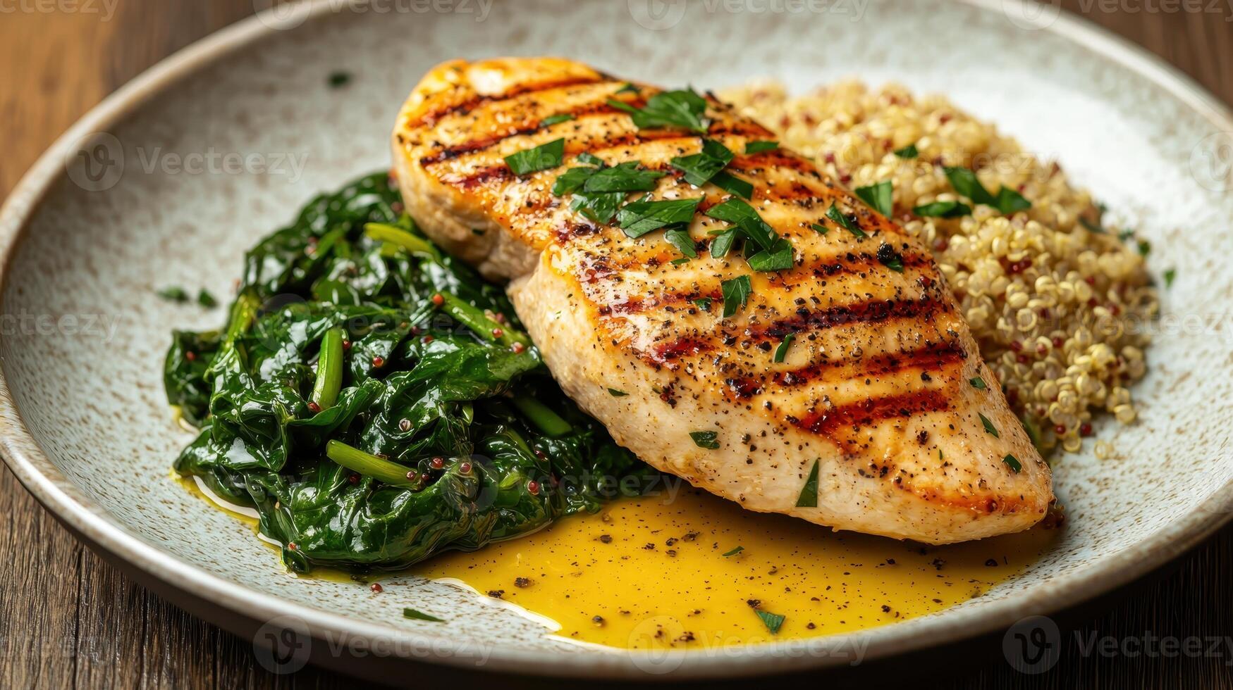 Healthy Food Revolution, Grilled chicken with quinoa and spinach, finished with a drizzle of olive oil photo