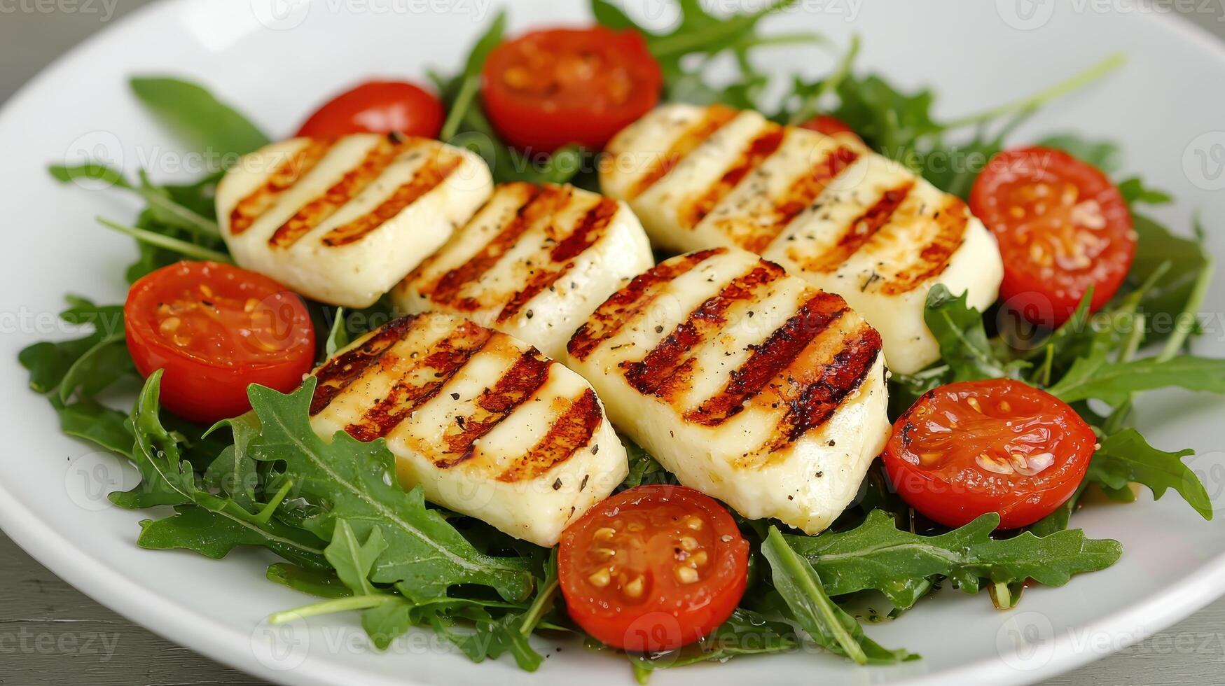 Healthy Food Revolution, Platter of grilled halloumi cheese with cherry tomatoes and arugula photo