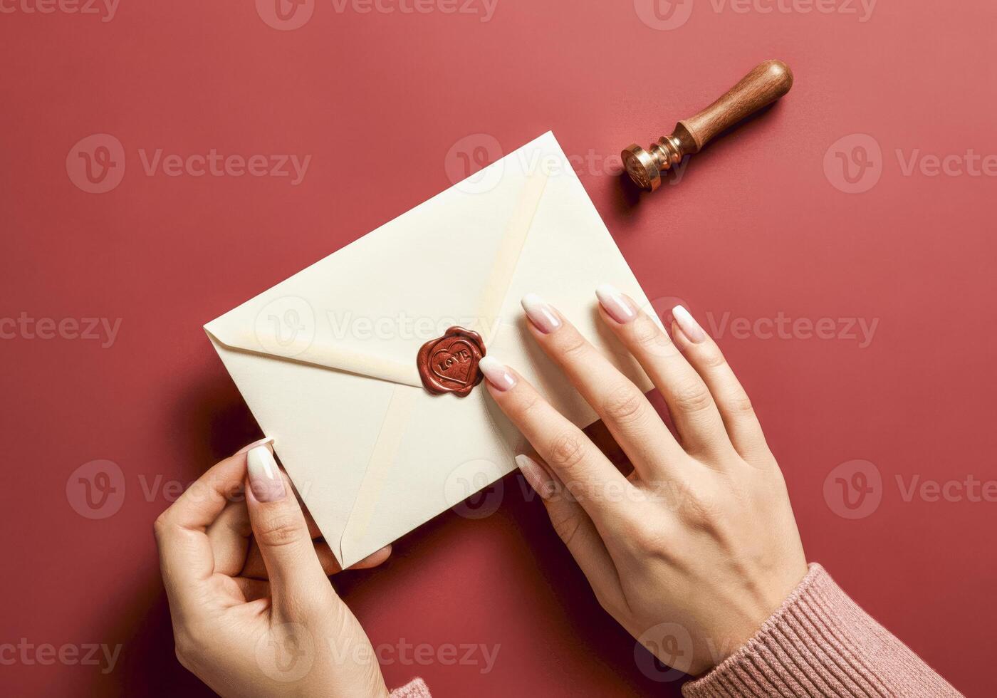 Elegant christmas greeting card concept with festive red wax seal and envelope photo