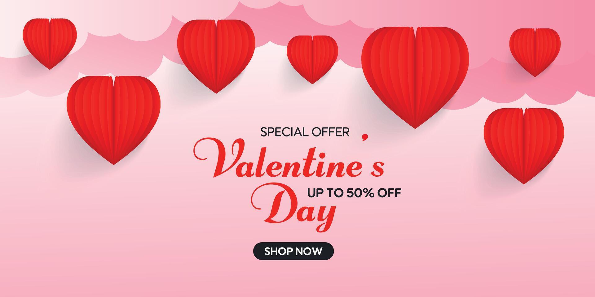 illustration. Valentine's Day concept frame. 3d red and pink paper hearts on a geometric background. vector