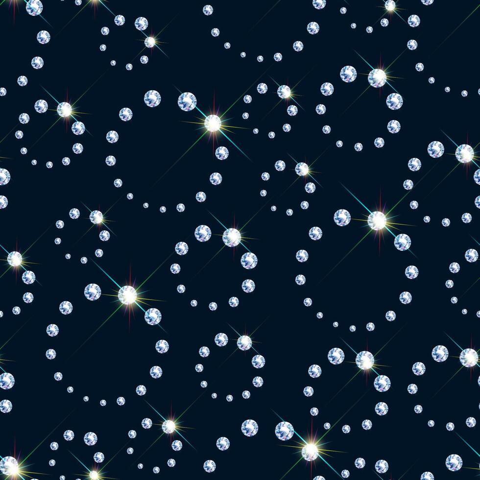 Seamless pattern of realistic diamonds on blue background. Jewelry design circles with shiny diamonds. Banner, poster, gift card, invitation template. . vector