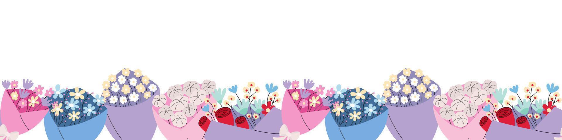 Floral bouquets seamless border. flat flower bouquets in wrapping paper seamless background vector