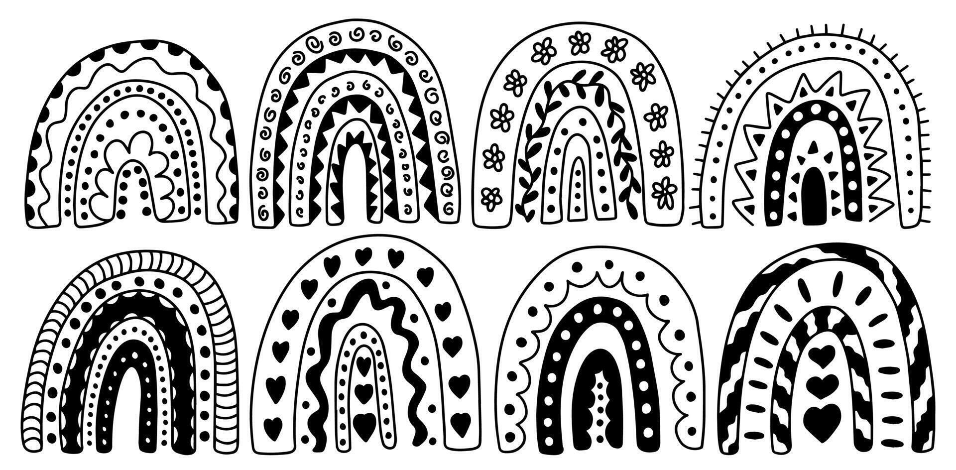 Hand drawn doodle rainbows set. Cute boho rainbows sketches set vector