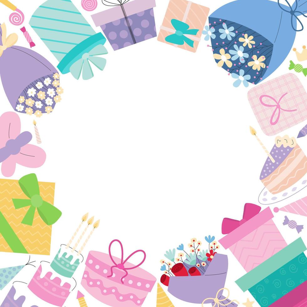 Birthday gifts and boquets frame vector