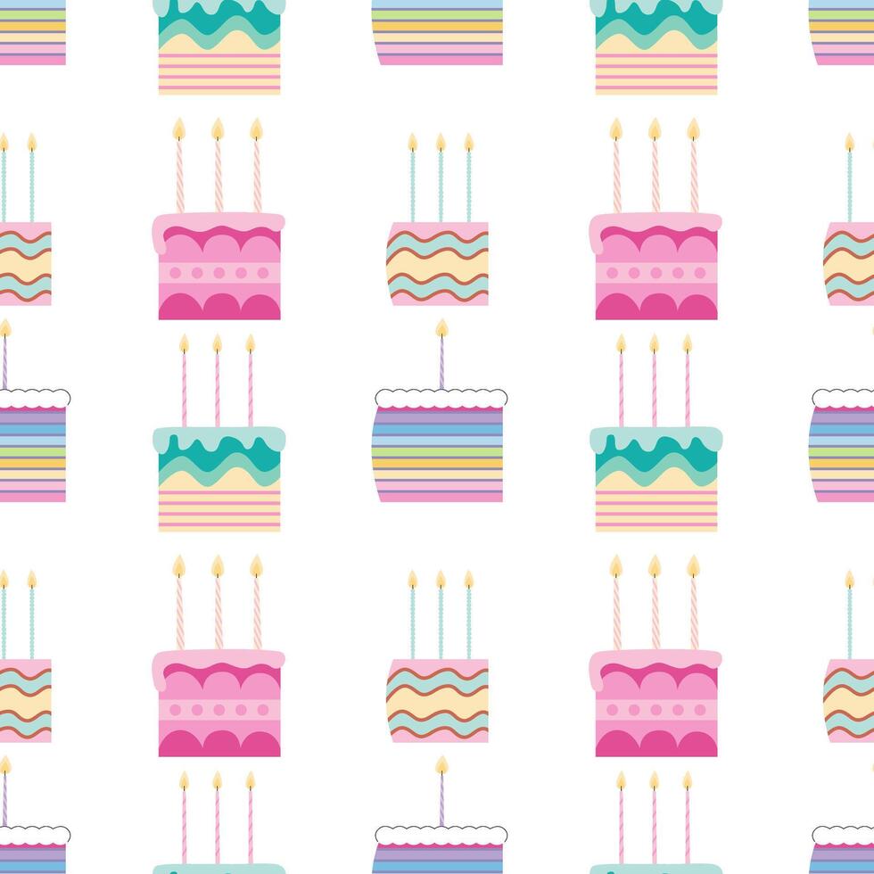 Pink cakes slices with candles seamless pattern. flat birthday cakes pattern on white background vector