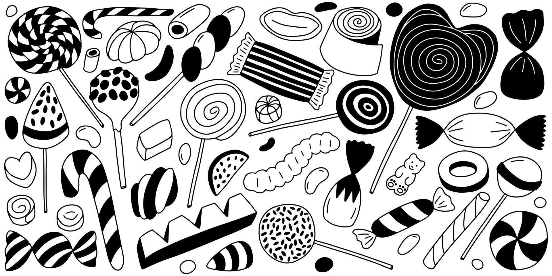 Hand drawn sweets and candies doodle set. Lollypops, chocolate, jelly, marmalade and candies set vector