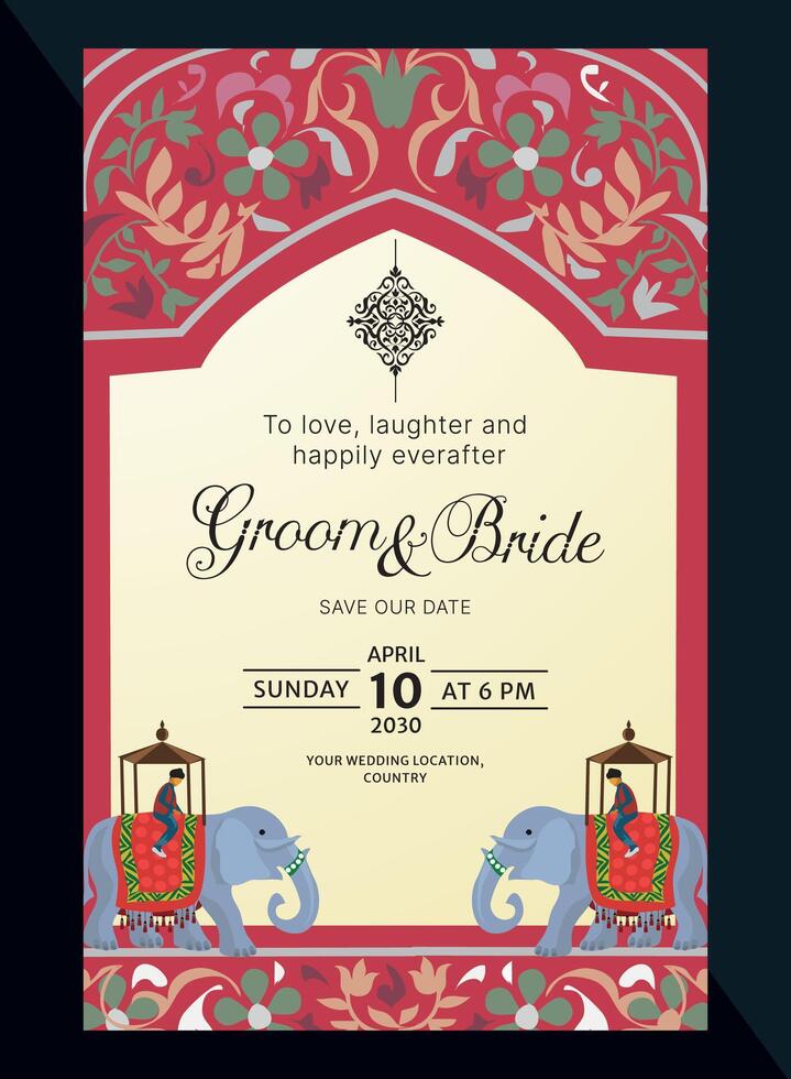 hindu wedding invitation card elegantly designed for mehndi and roka ceremony with rajasthani elephants vector