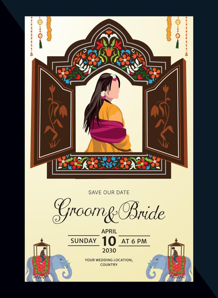 indian mehndi and haldi invitation card in mughal art design form containing jharokha vector