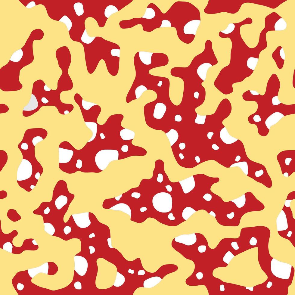 Toadstool, bubbles shape camouflage background. Bright coloring of the mushroom fly agaric camo texture. Seamless organic spots pattern. Yellow and red with white color vector