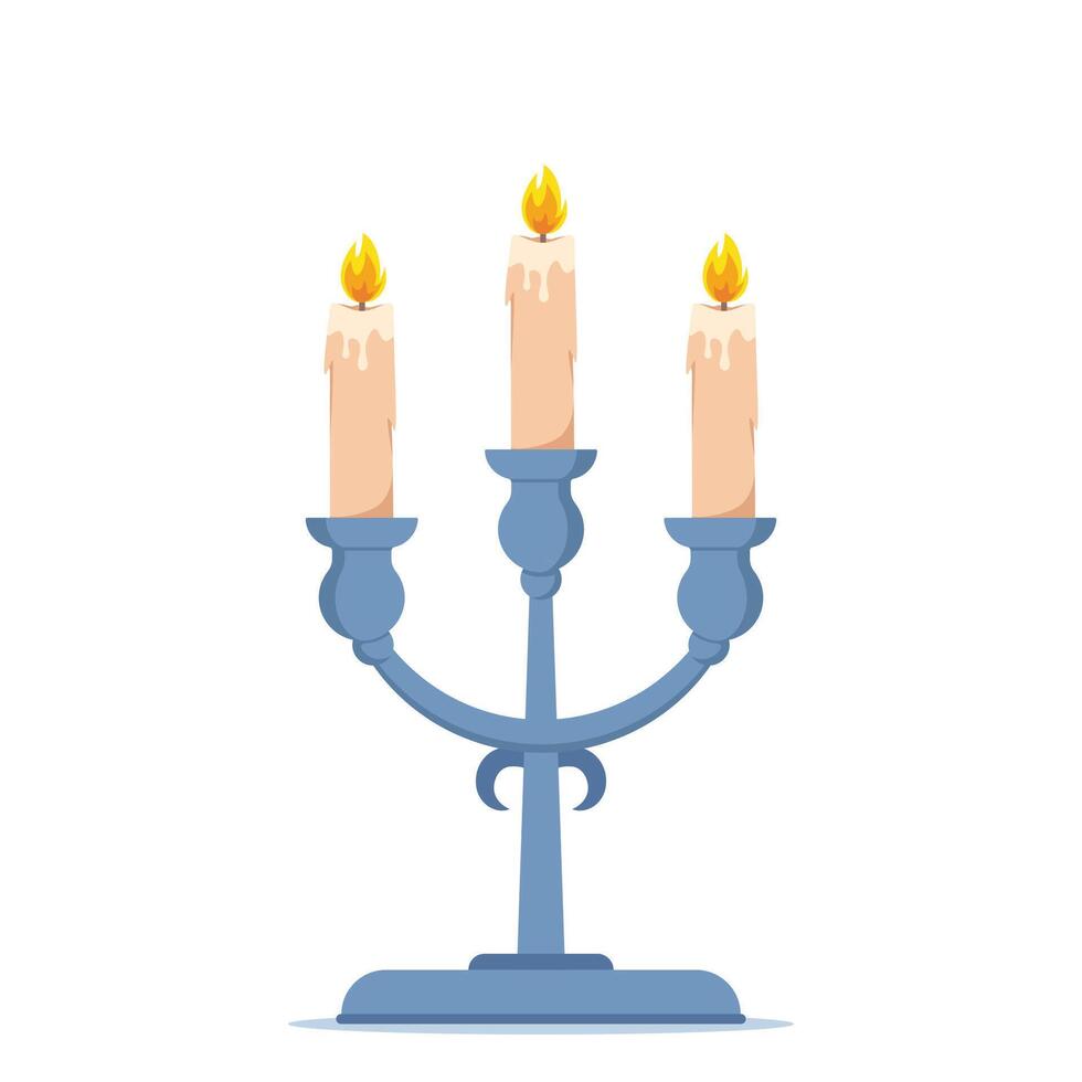 Candelabra or candle holder with three burning candles. Light, warmth. Interior element. illustration. vector