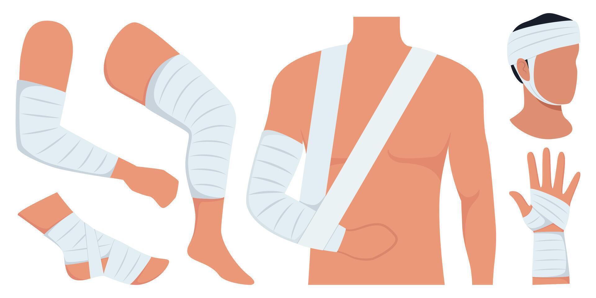 Bandaged arms and legs. Medical bandages elastic bandages. Elements of health care, first aid. illustration. vector