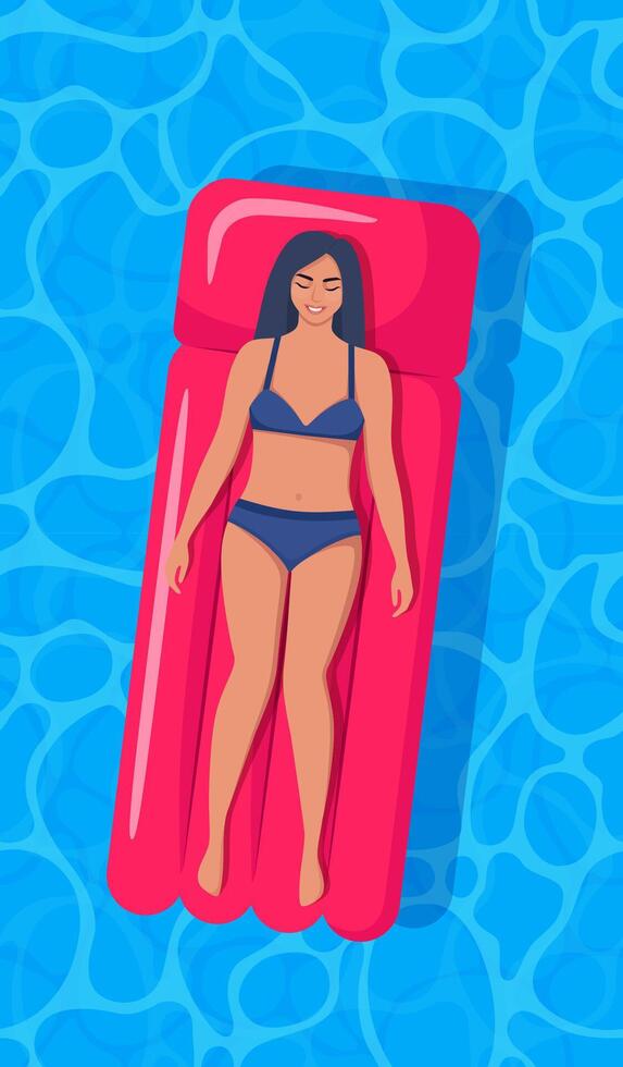 Woman lying on inflatable mattress against water background. Water surface with ripple, top view textured. Sun light reflection in water, top view swimming pool, ocean, sea. illustration. vector
