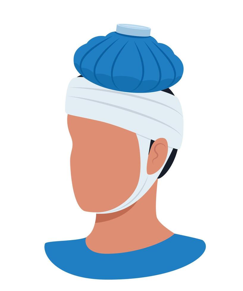 Man applies ice pack to head. Head injury, trauma, first aid. illustration. vector