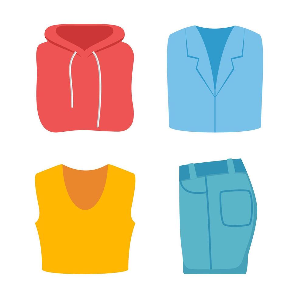 Colorful casual collection of folded clothes. Top view of lying folded trousers, T-shirt, sweatshirt, jacket. illustration. vector