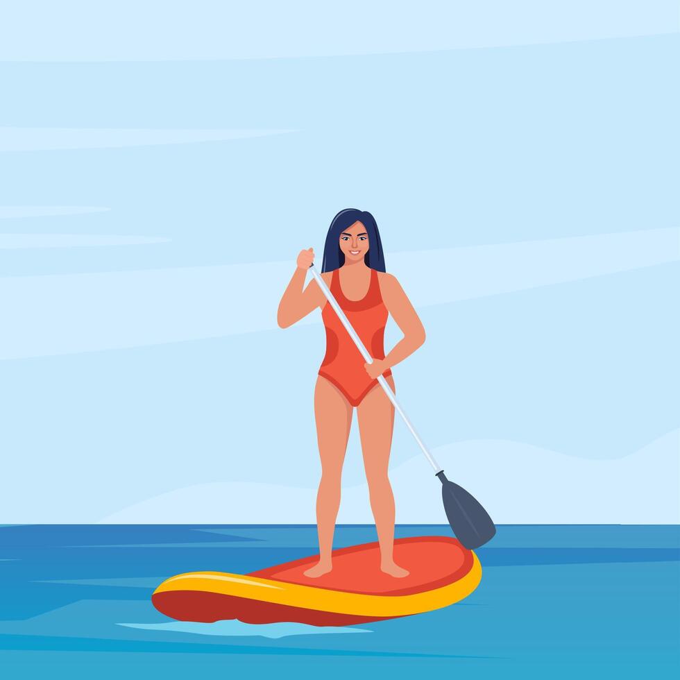 Girl standing on sup board. Happy woman holding oar and swims on the sea. Summer water sport activities. illustration. vector