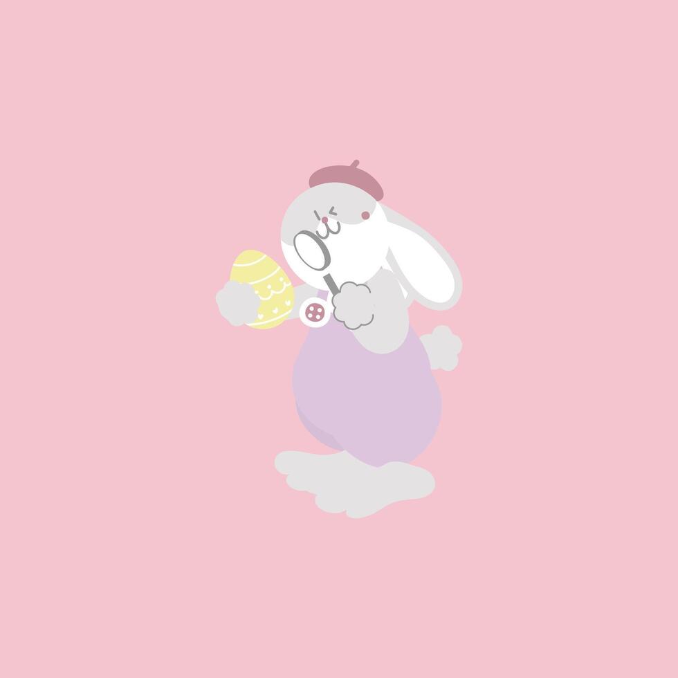 happy easter festival with animal pet bunny rabbit use magnifying glass to analyze egg, pastel color vector