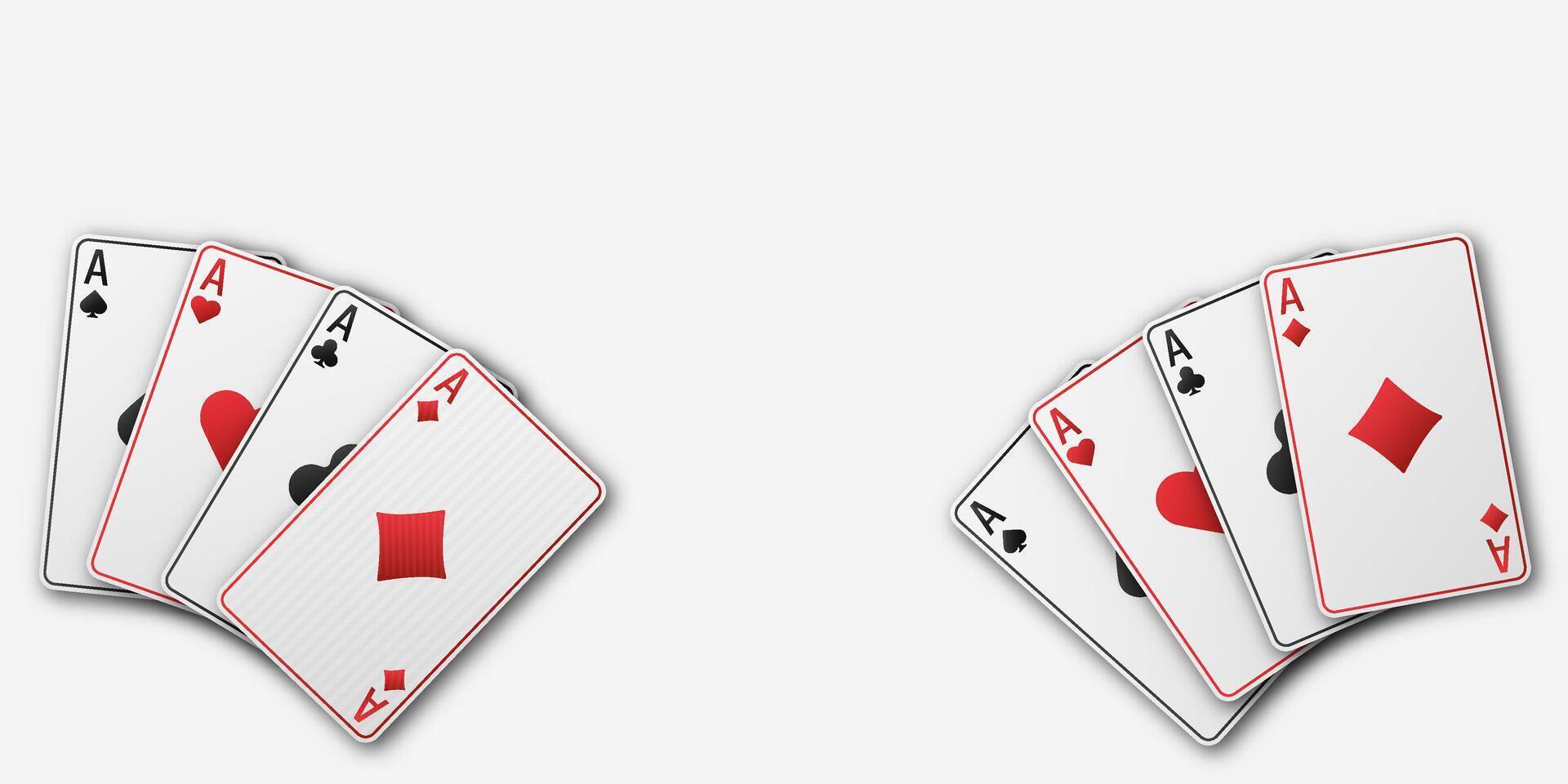 Two fans of playing cards with four aces Spades Diamonds Clubs Hearts each. Poker and casino design with all aces displayed on a white background. Card game theme, gambling illustration. vector