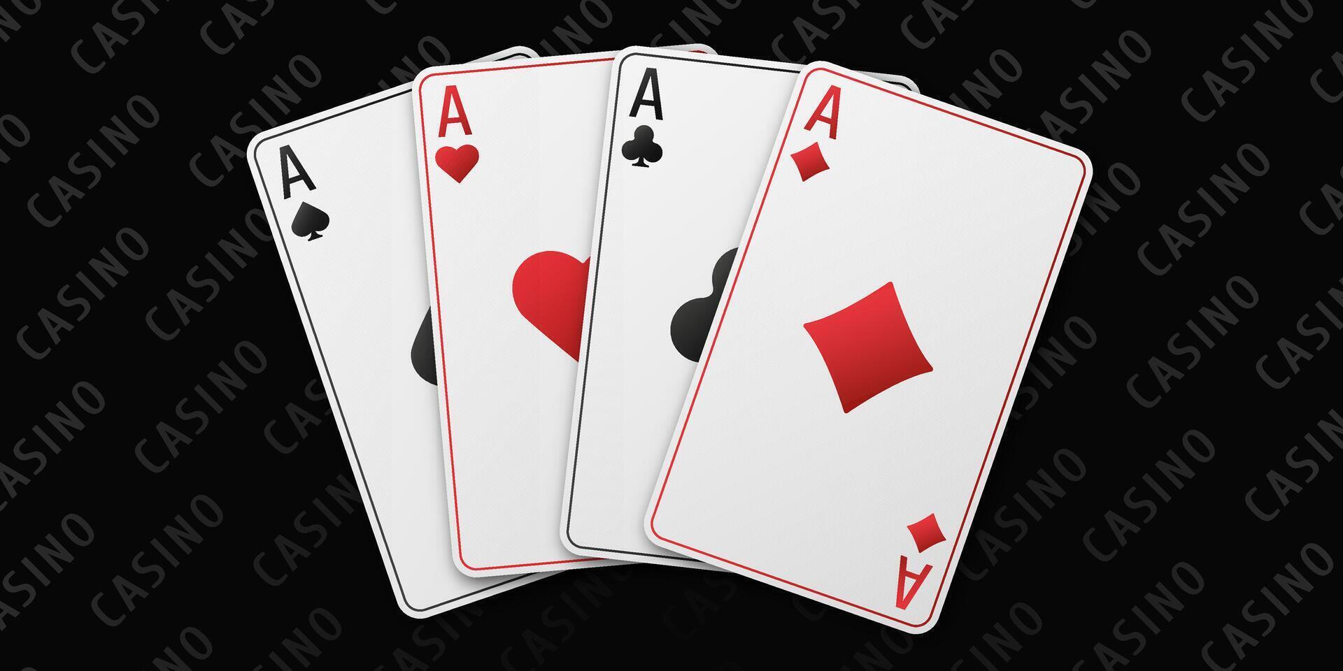 Four aces Spades Diamonds Clubs Hearts arranged in a fan. Poker game concept on a black table background. Casino illustration. vector