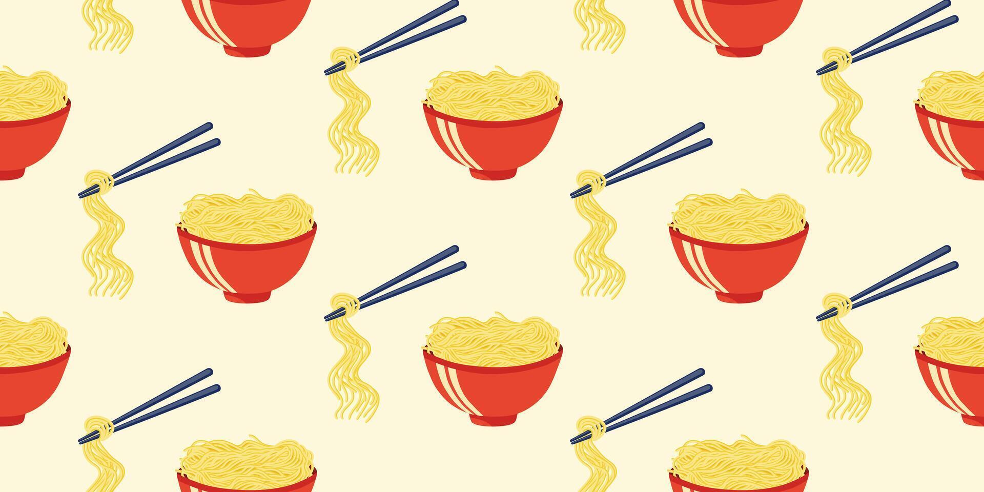 Pattern of Ramen Noodles and Chopsticks. Seamless pattern of ramen noodles being lifted by chopsticks from a red bowl. For wallpaper, fabric, wrapping paper. vector