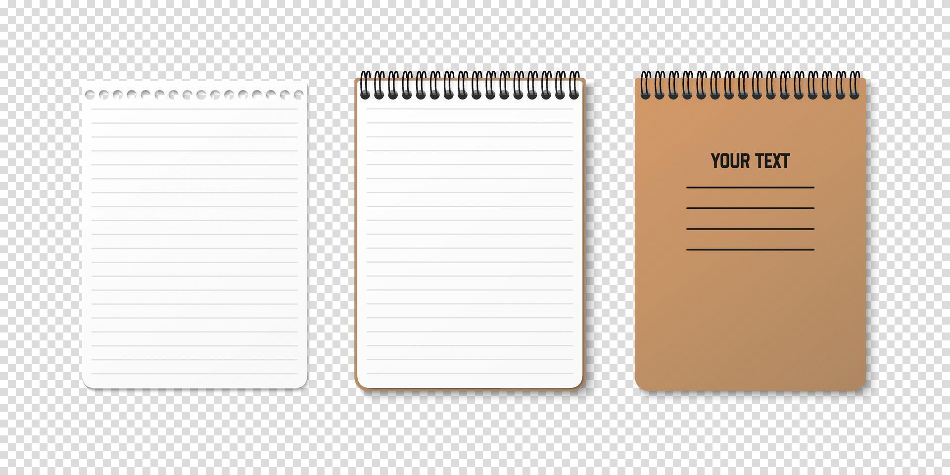 Three horizontal spiral notebooks with empty sheets. Clipart ideal for creating mockups or showcasing custom designs. vector