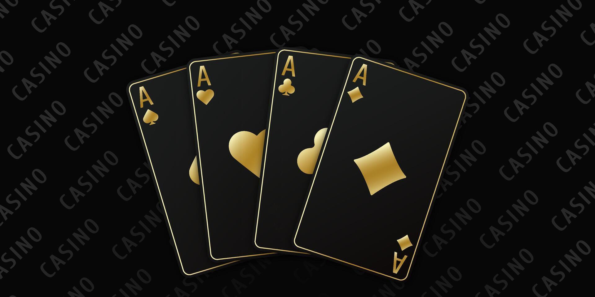 Fan of four aces Spades Diamonds Clubs Hearts. Poker theme with all aces displayed on a black table background. vector