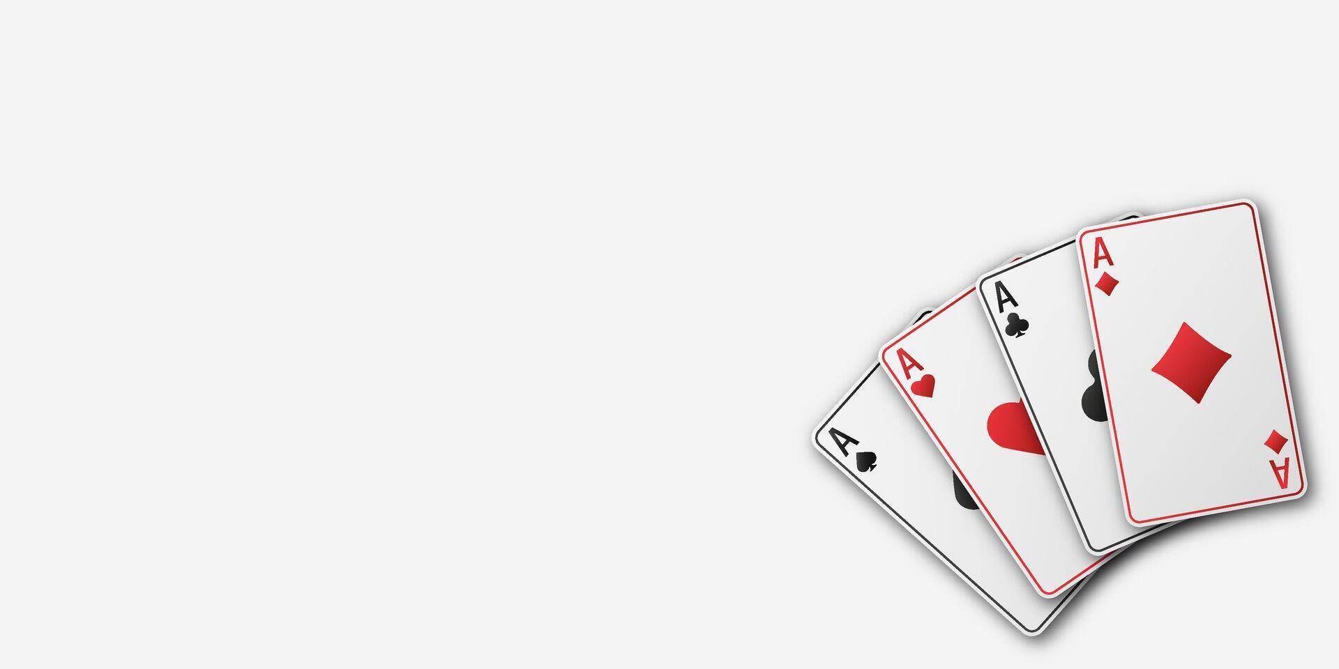 One fan of playing cards with four aces Spades Diamonds Clubs Hearts. Poker and casino design with all aces displayed on a white background. Card game theme, gambling illustration. vector